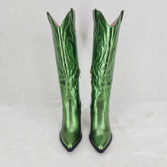Electric Cowboy Brush Metallic Matte Western Knee High Cowgirl Boots Green - Picture 8 of 11